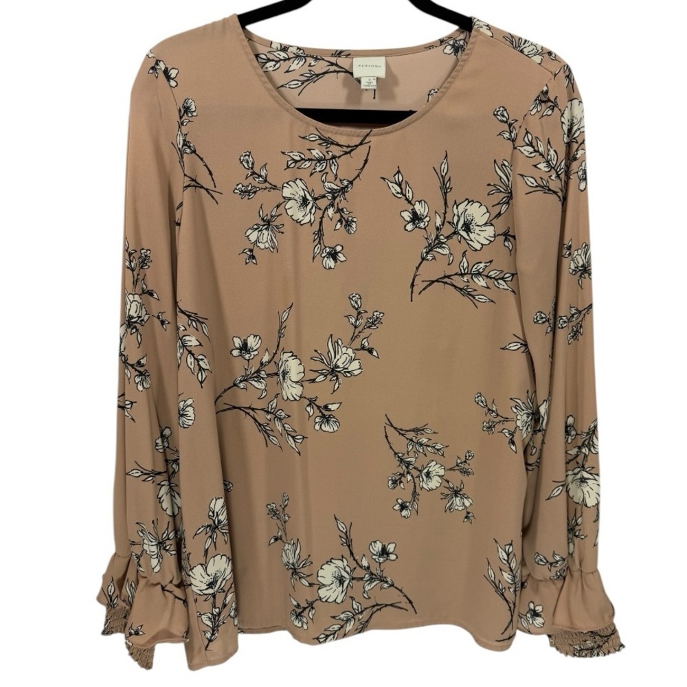 Pleione Floral Long Sleeve Smocked‎ Ruffle Cuff Blouse Top S